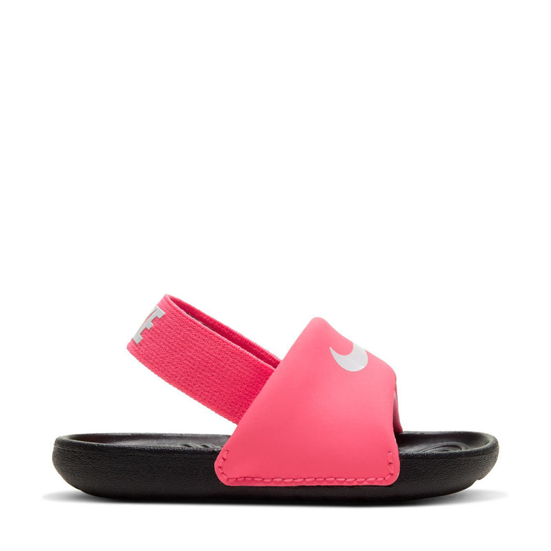 Toddler slide sandals in pink with black strap and white logo