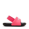 Toddler slide sandals in pink with black strap and white logo