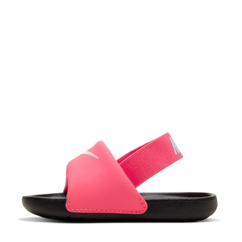 Toddler pink slide sandals with adjustable strap, black sole and logo