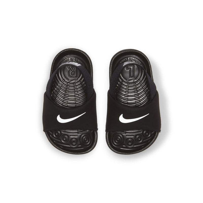 Pair of toddler black slide sandals with white Swoosh logos on uppers