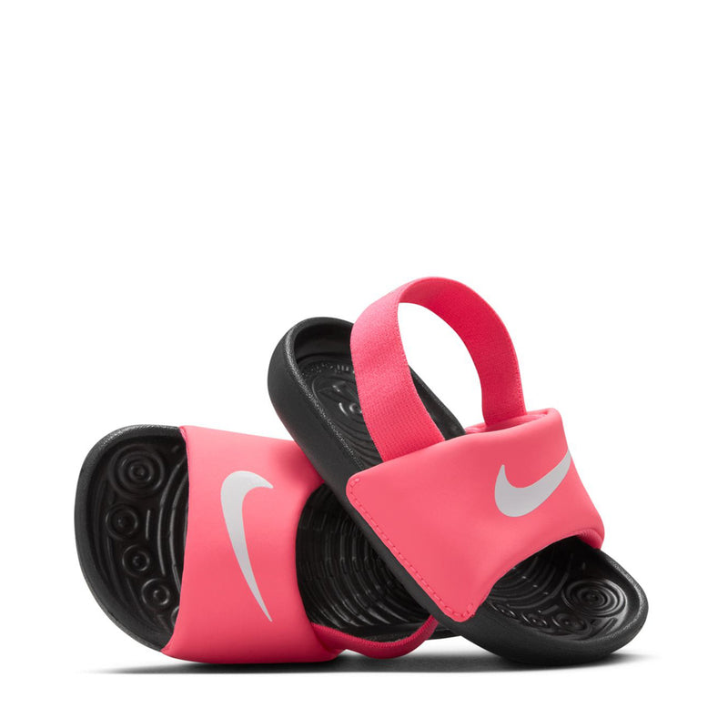 Toddler pink slide sandals with black outsole tread and heel strap loop
