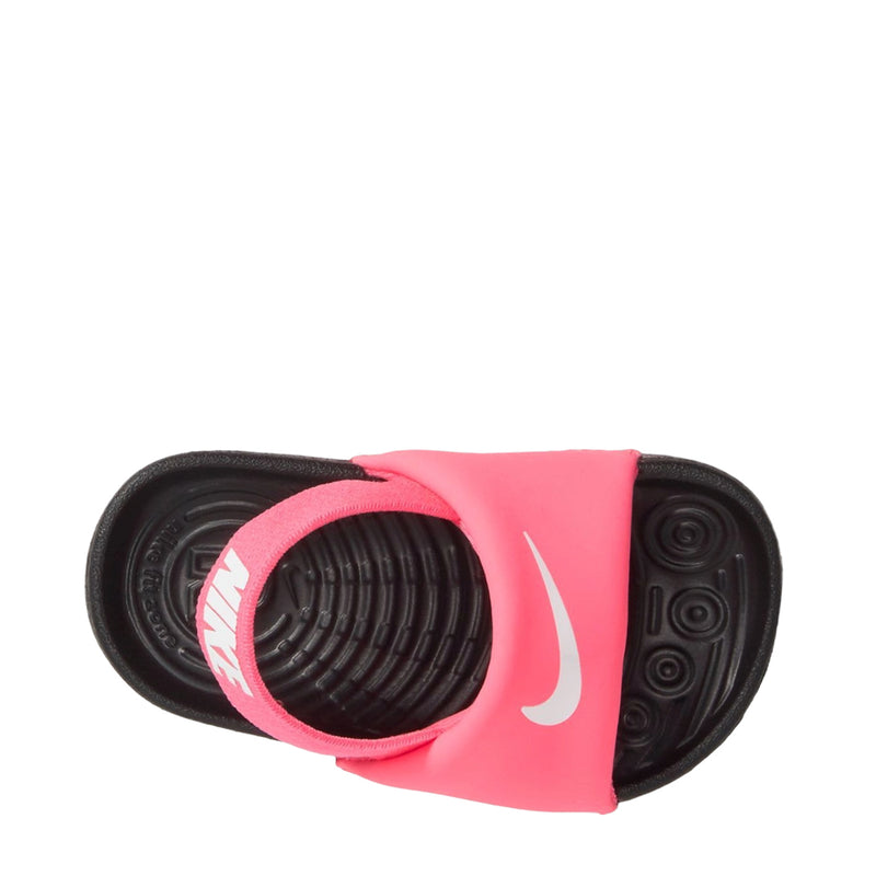 Toddler pink slide sandals, top view of black patterned outsole tread