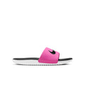Youth slide sandals with laser pink strap, black footbed, white ridged sole, black swoosh