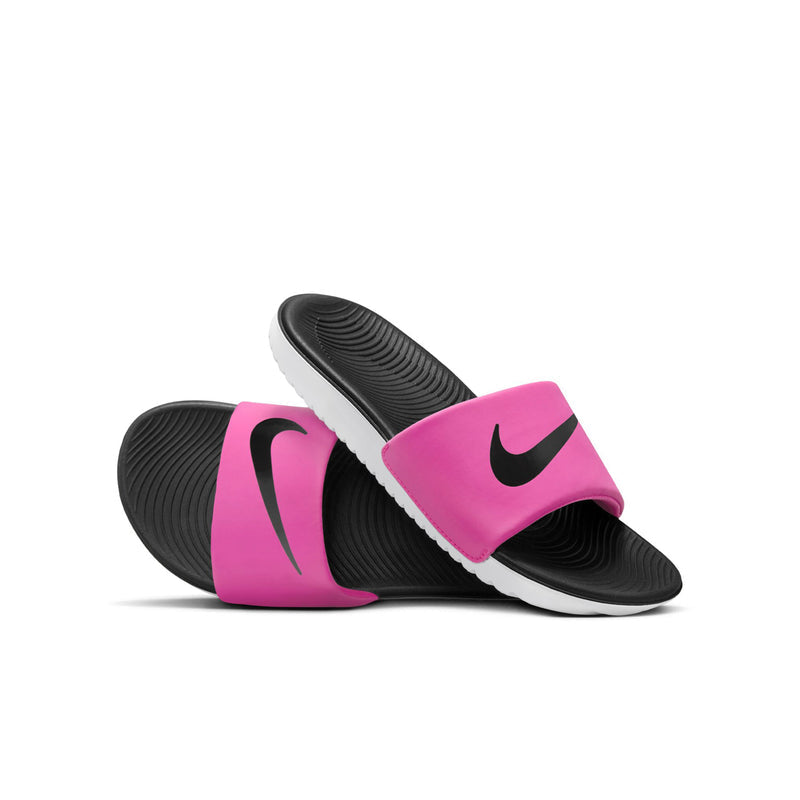 Youth slide sandals, laser pink front strap, black contoured footbed, white ridged outsole