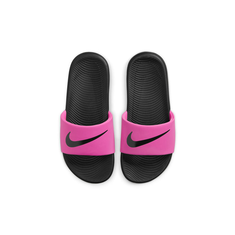 Pair of youth slide sandals with black contoured footbeds and laser pink straps, black swoosh