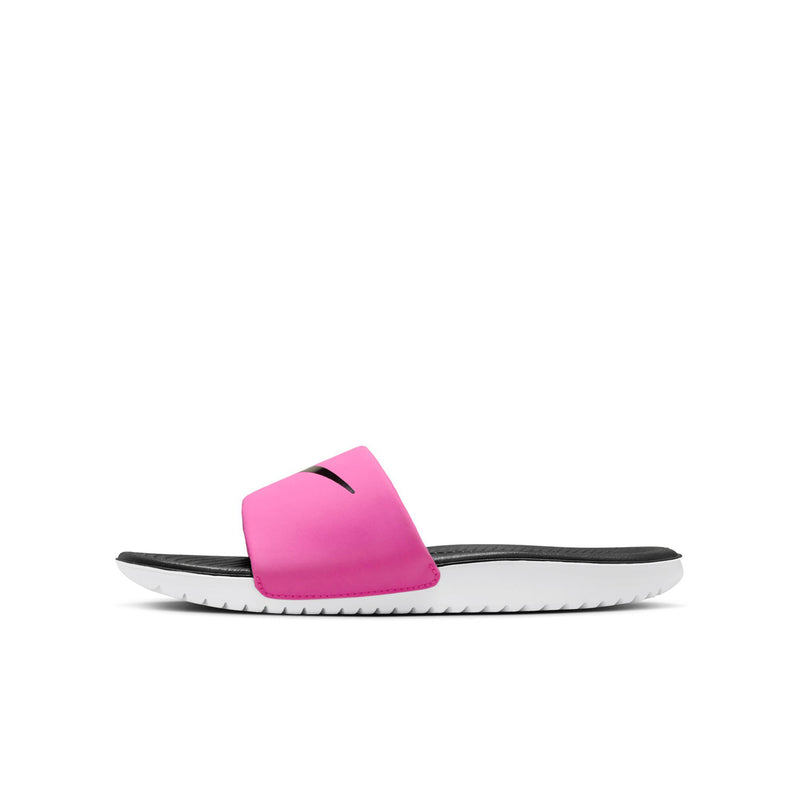 Youth slide sandals with laser pink strap, black outsole edge, white ridged midsole