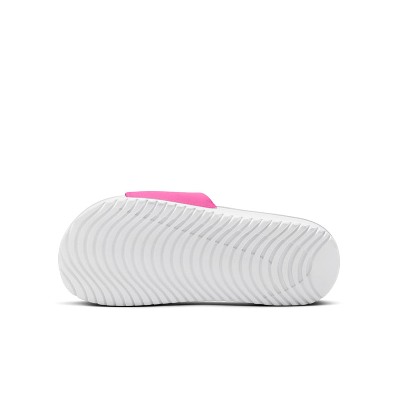 Youth slide sandals outsole view with white textured tread and laser pink strap