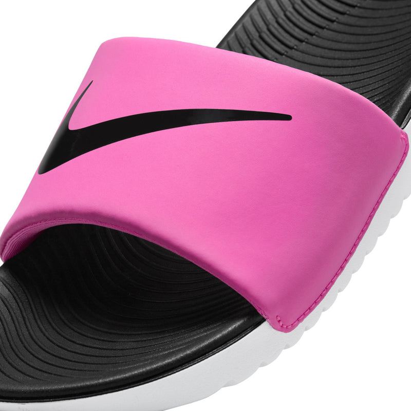 Youth slide sandal close-up: laser pink strap with black swoosh logo over black sole
