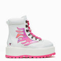A pair of white platform boots with pink flame designs and pink laces.