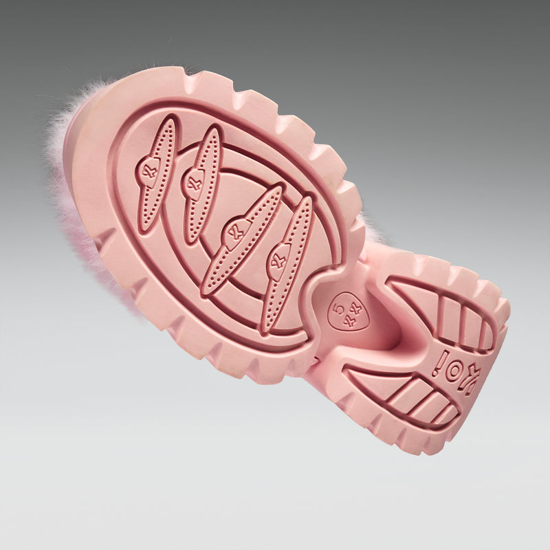 Pink shoe sole with brand logo on a gray background