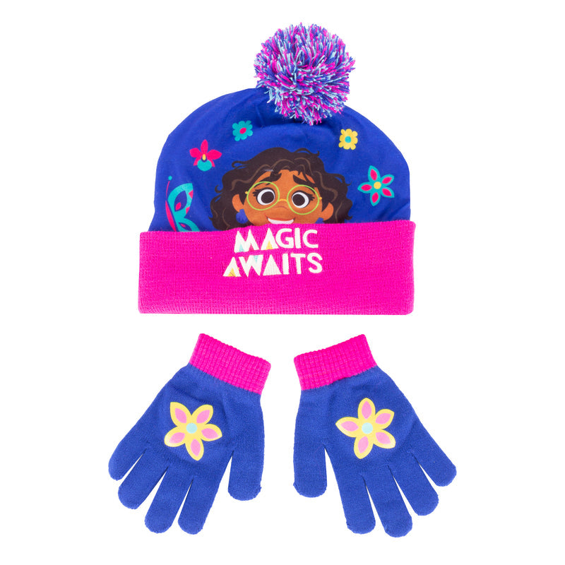 Kids beanie and glove set: blue knit with purple pom, pink cuff, flower gloves