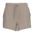 Women's knit shorts in light mocha with elastic waistband and drawstring, front view