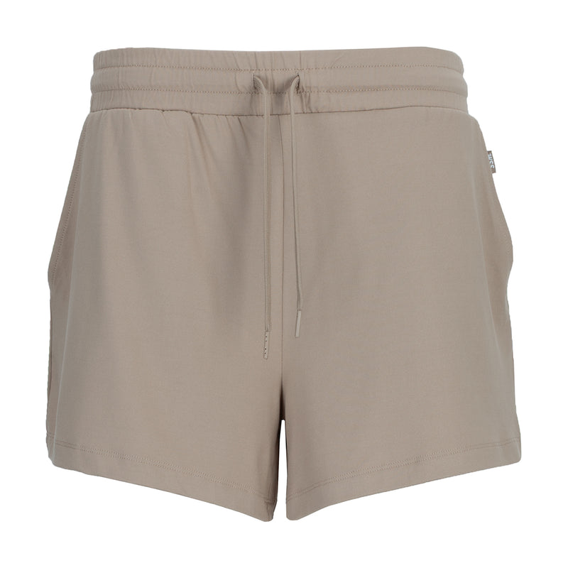 Women's knit shorts in light mocha with elastic waistband and drawstring, front view