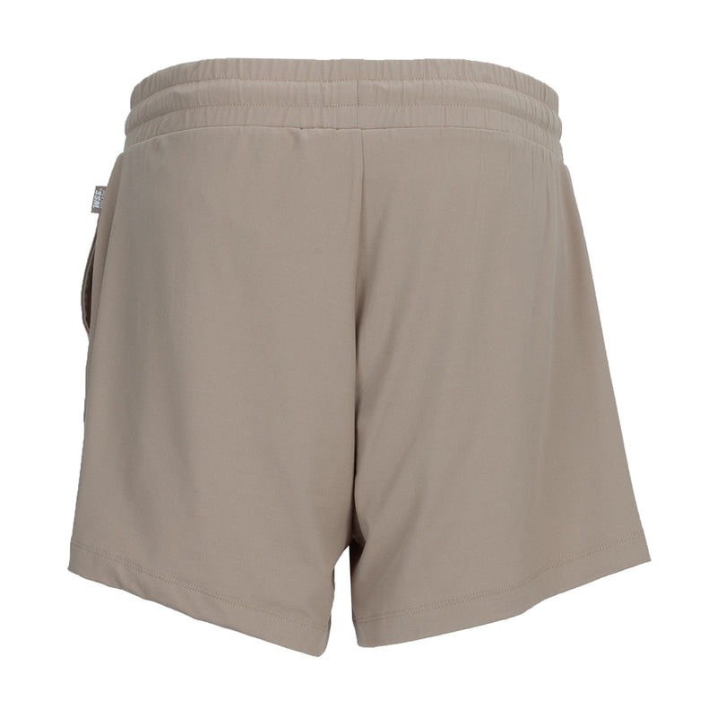 Women's knit shorts in light mocha with elastic waistband, relaxed fit, back view