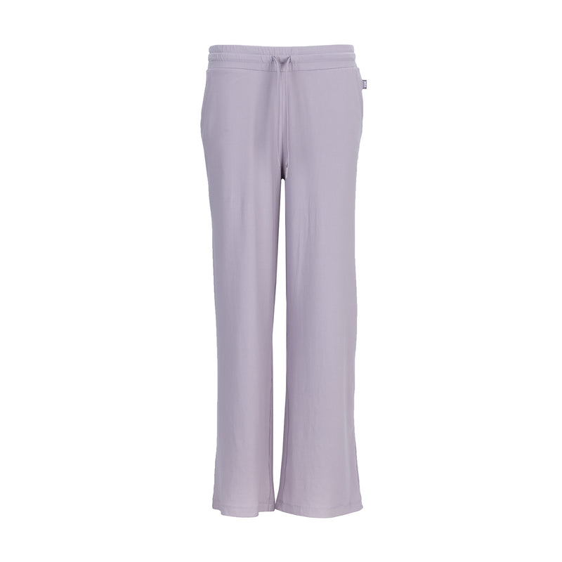Women's knit wide-leg pants in pale violet, elastic waist with drawstring, front view