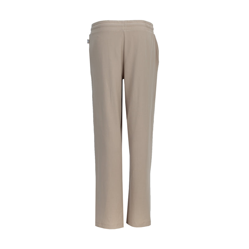 Women’s knit wide-leg pants in light beige, elastic waistband, straight wide legs