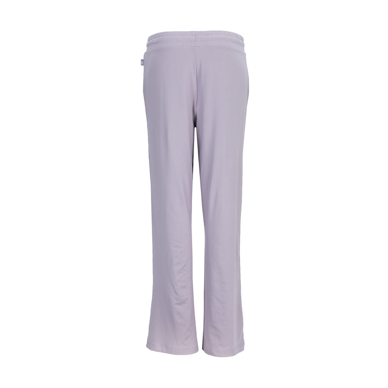Women's knit wide-leg pants in pale violet, elastic waist with drawstring, back view