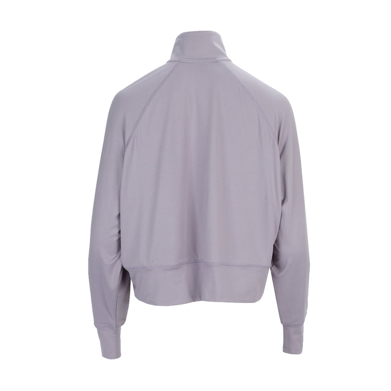 Women's knit zip-front jacket back view, stand collar, full zipper, ribbed hem and cuffs