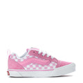 Kids pink lace-up sneakers with checkerboard side stripe and white rubber sole