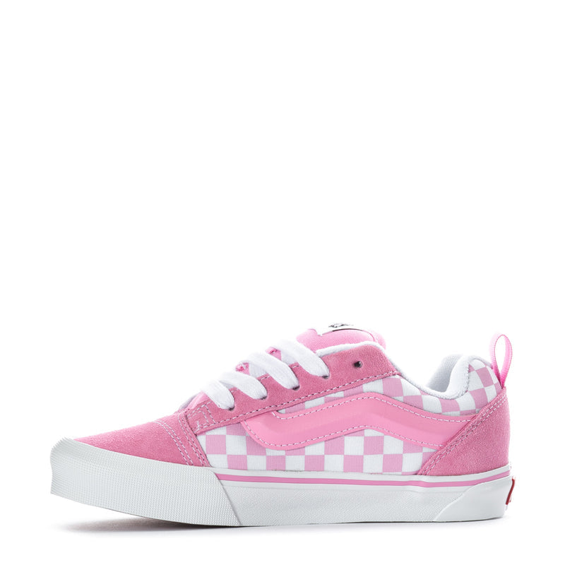 Kids pink lace-up sneakers with checkerboard mid panel and white rubber sole