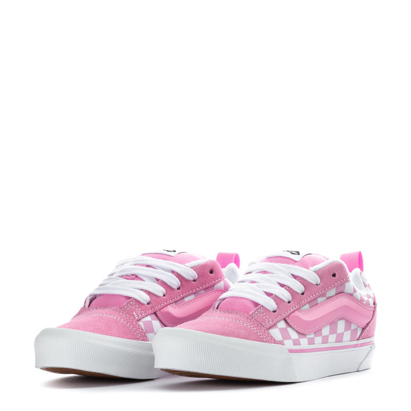 Kids pink sneakers front view with checkerboard stripe and white rubber sole
