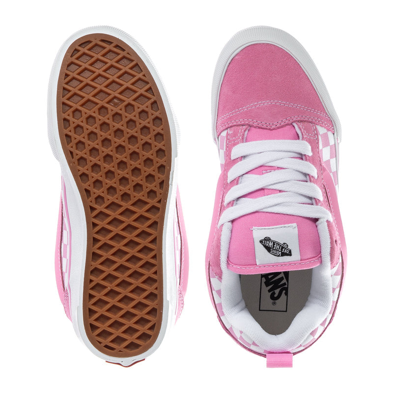 Kids sneakers outsole and tongue view, pink upper with checkerboard lace trim