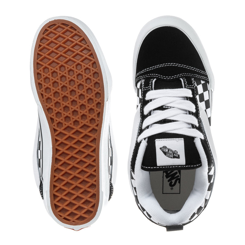Kids sneaker soles and interior view, black upper with checkered trim, white laces