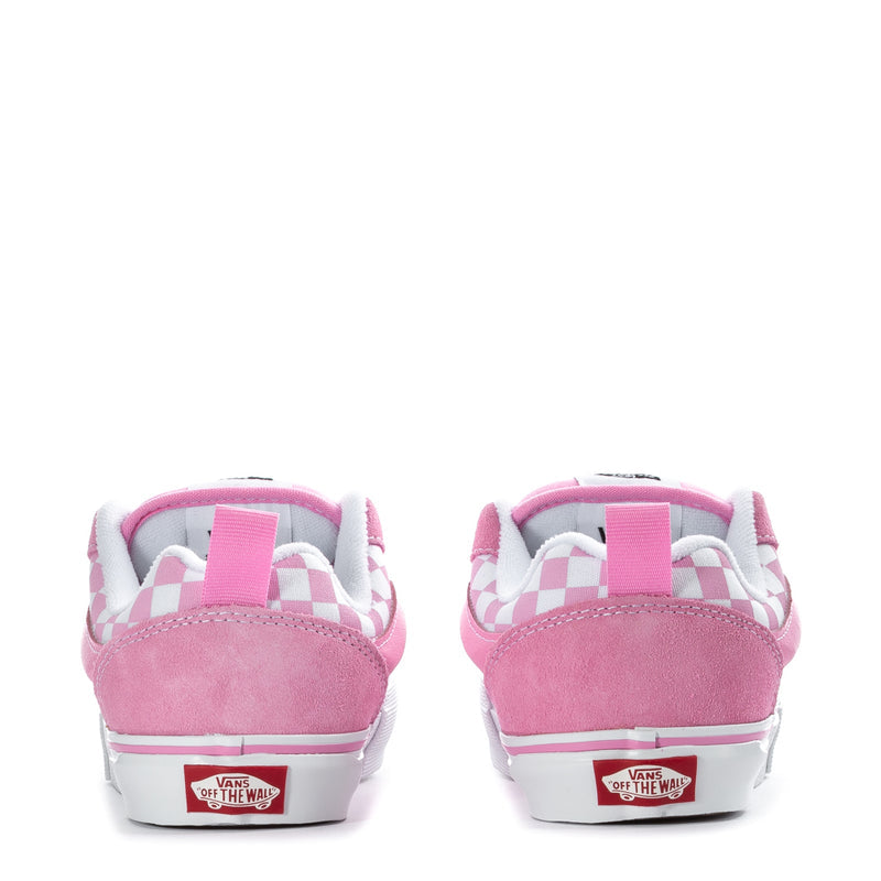 Kids pink sneakers heel view with white sole and checkerboard accents