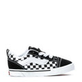 Toddler sneakers in black and white checkerboard, lace-up, low-profile.