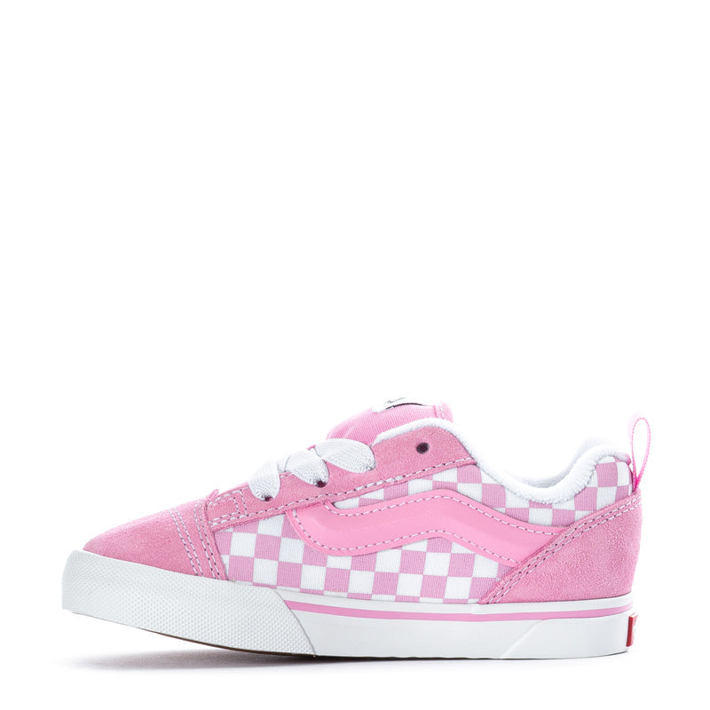 Knu Skool toddler sneakers, pink suede with checkerboard stripe, low top lace-up