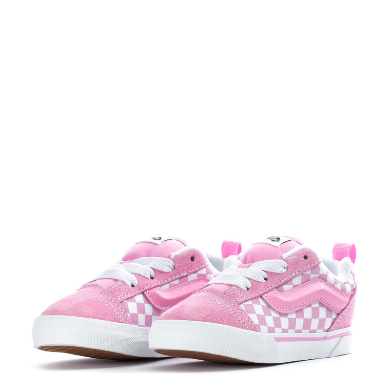 Knu Skool toddler sneakers, pink and white checkerboard, twin pair side view