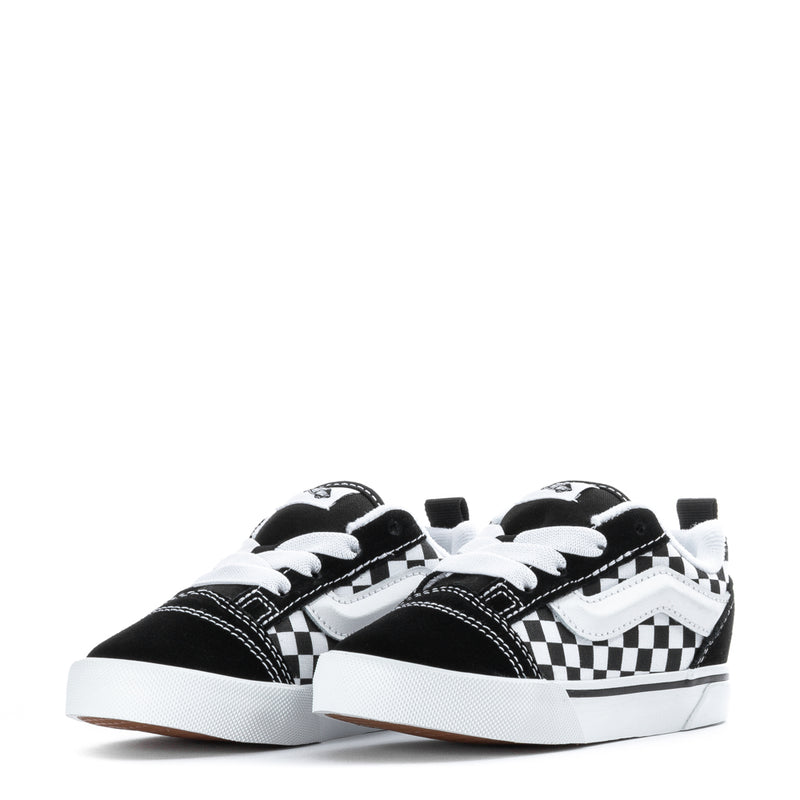 Toddler black and white checkerboard low-top sneakers, shown side-by-side.
