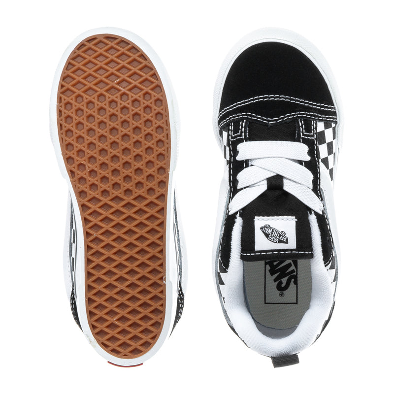 Toddler sneakers with tan outsole tread; black upper and white checkerboard details.