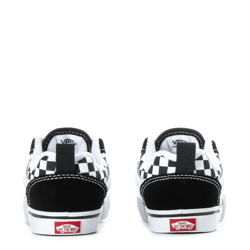 Toddler sneakers heel view, black back panels with white checkerboard side panels.