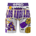 Men's graphic boxer briefs, white with purple and gold accents; PSD waistband.