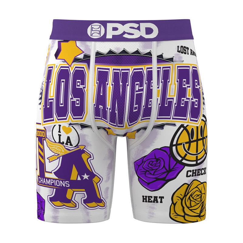 Men's graphic boxer briefs, white with purple and gold accents; PSD waistband.