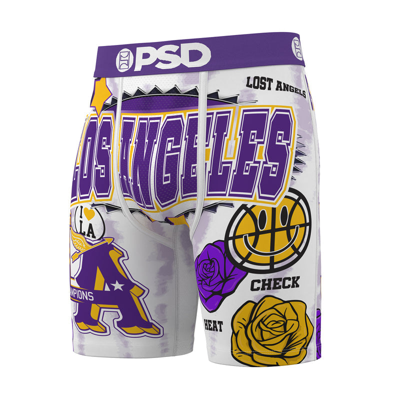 Men's graphic boxer briefs, front view; white with purple and gold accents, PSD logo.