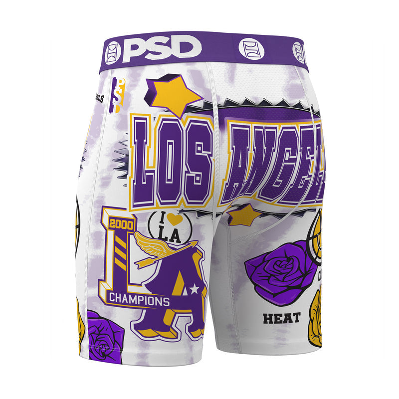 Men's graphic boxer briefs, side view; white with purple and gold court-style artwork.