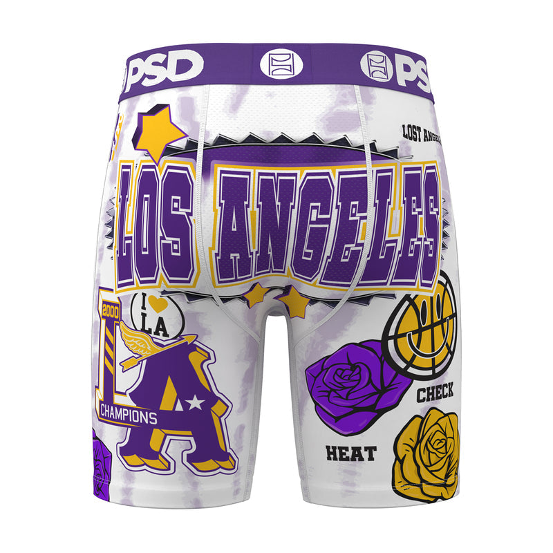 Men's graphic boxer briefs, front view; white with purple and gold Los Angeles theme.
