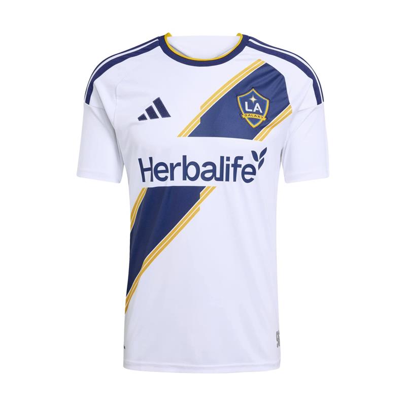 Men's LA Galaxy home replica jersey in white with navy/yellow trim and Herbalife logo