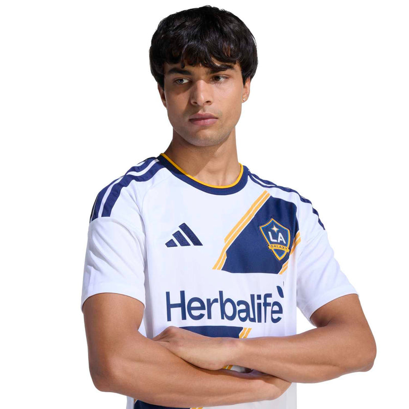 Men's LA Galaxy replica home jersey, white with LA crest, Herbalife sponsor, and adidas logo