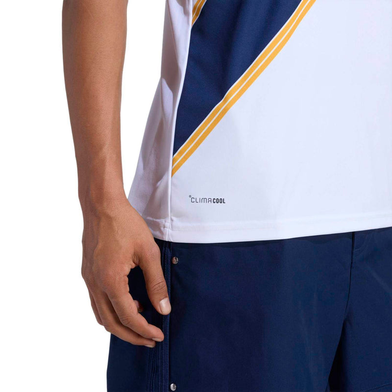 Men's LA Galaxy jersey, white with navy diagonal stripe and 'climacool' mark on hem