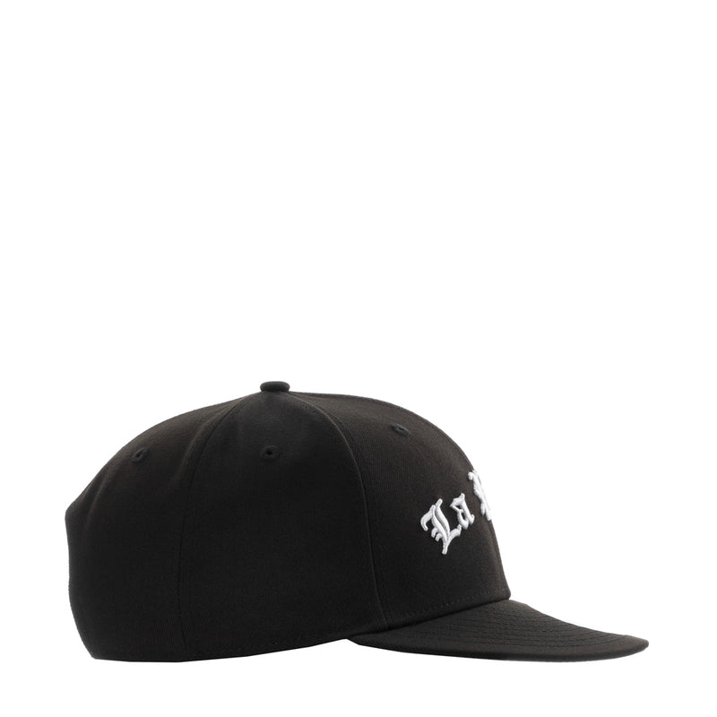 Black baseball cap with side logo embroidery and curved brim