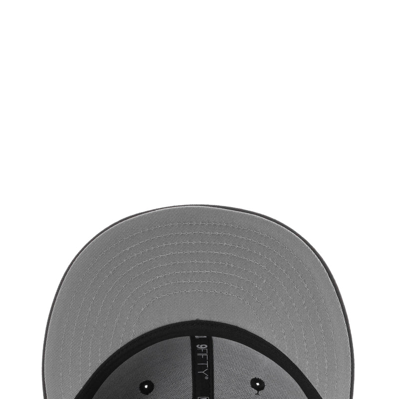 Gray baseball cap interior panel with black trim and stitched brim