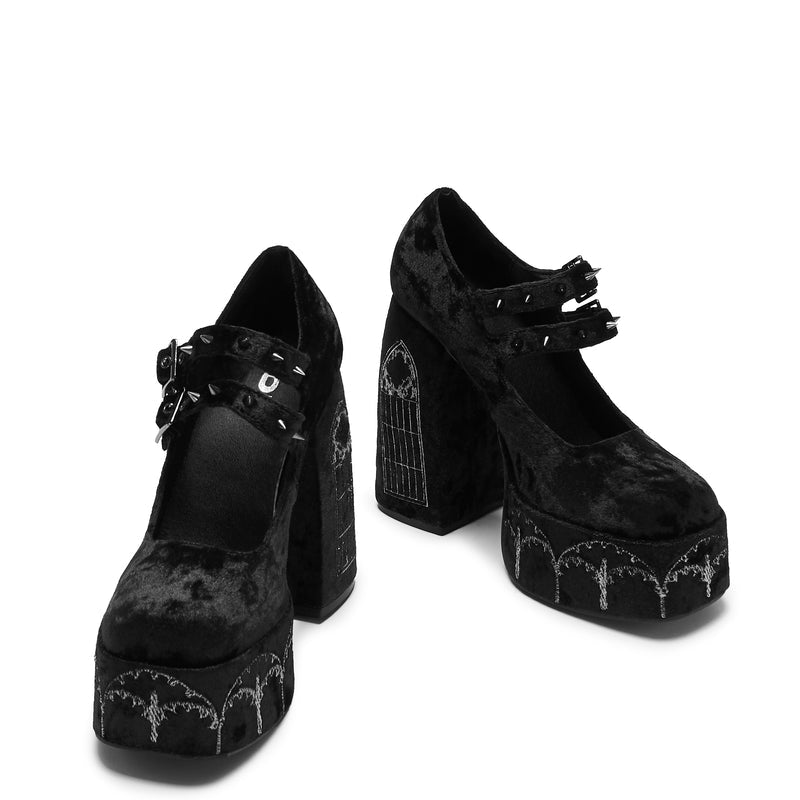 Lady Menace Grunge Crushed Velvet Heels - Black - Front and Side View