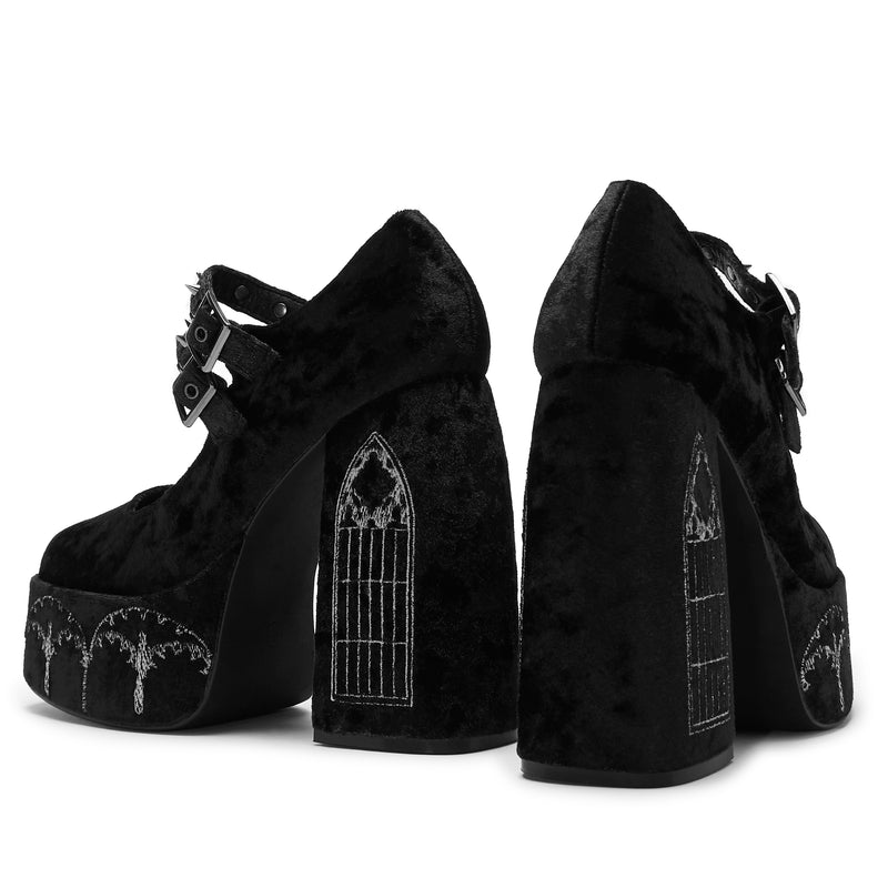 Lady Menace Grunge Crushed Velvet Heels - Black - Back View