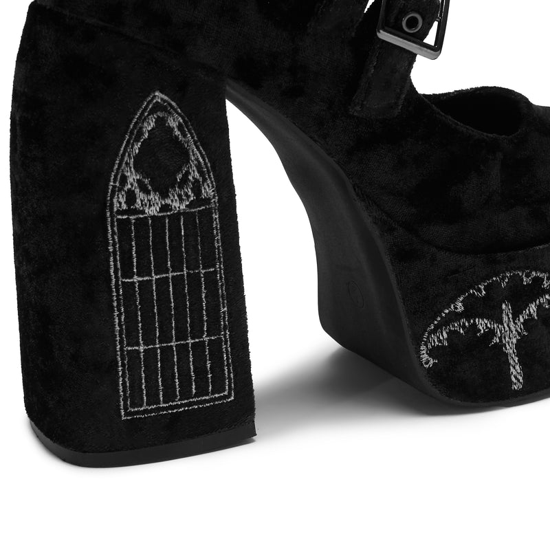 Lady Menace Grunge Crushed Velvet Heels - Black - Heel Detail