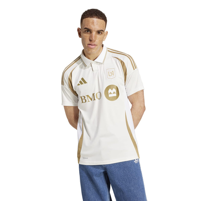 White men’s replica away jersey with gold shoulder stripes and BMO sponsor