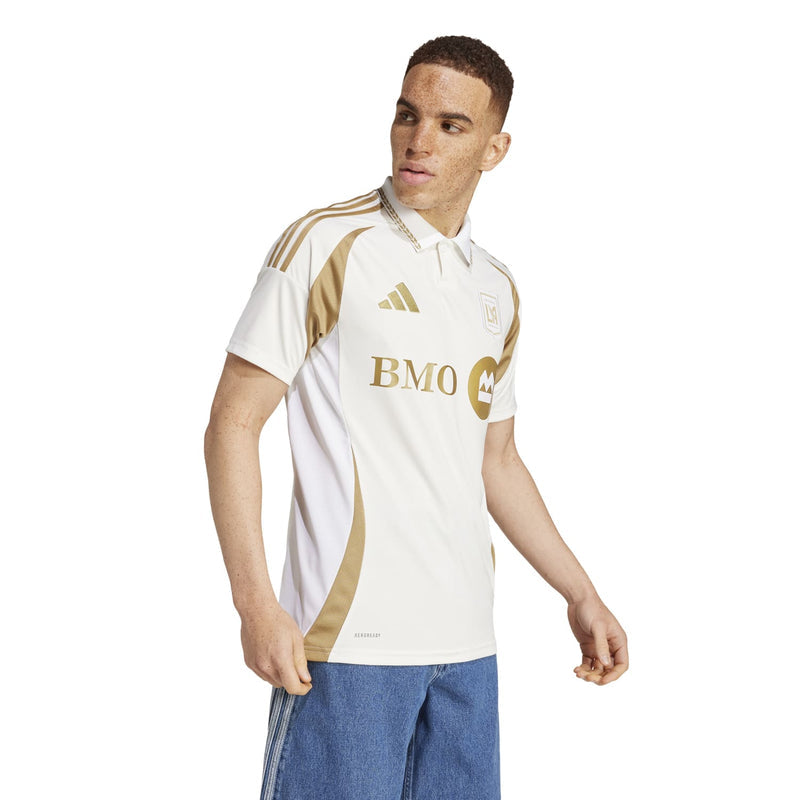 White men’s replica away soccer jersey with gold BMO sponsor and LAFC badge