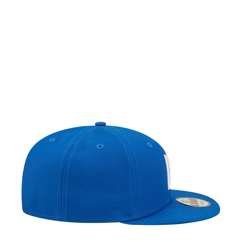 Blue baseball cap, side view with curved brim